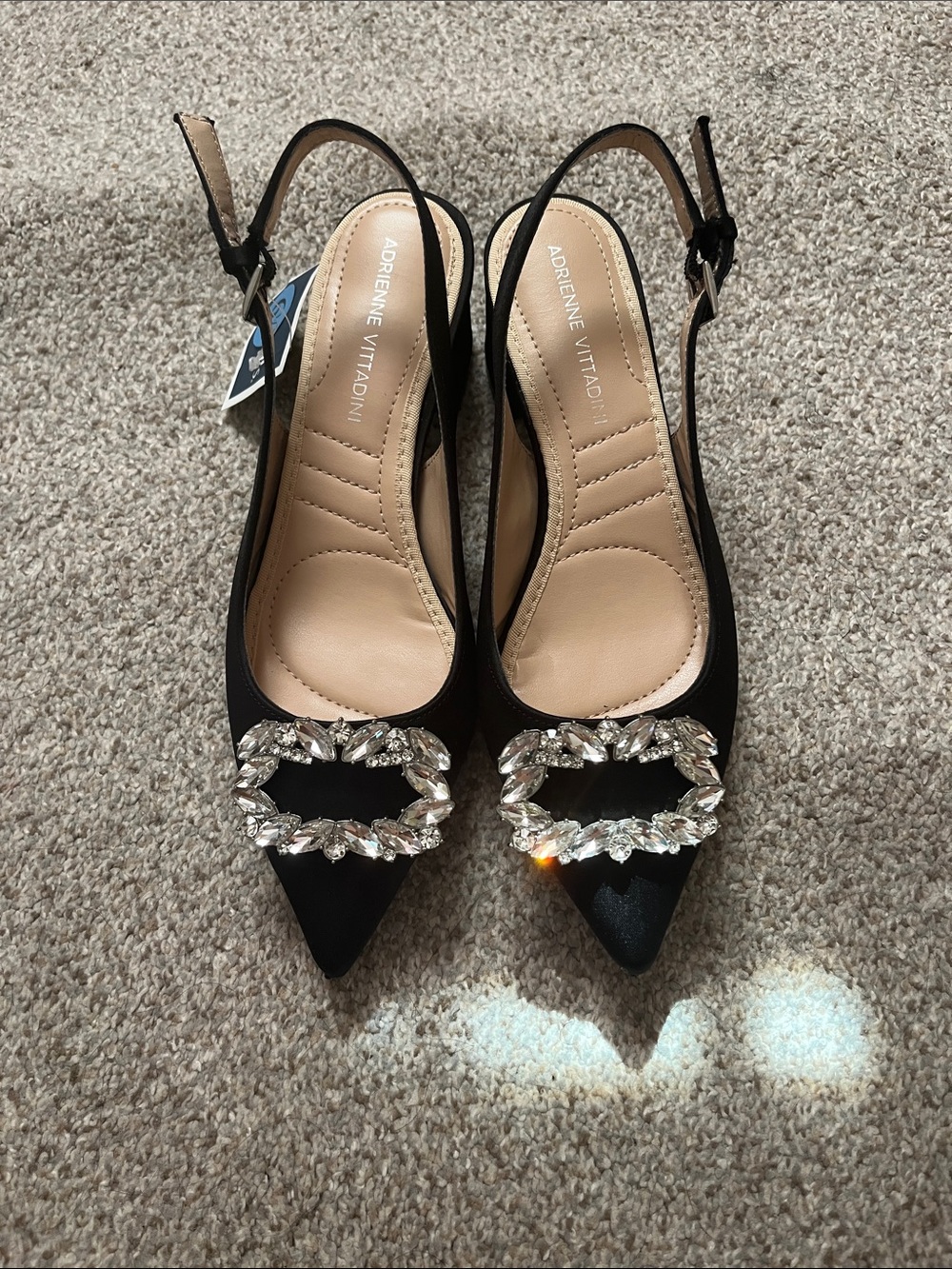 Adrienne Vittadini Satin Black Pointed Toe Slingback Heels with Crystal Buckle